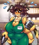  absurd_res anthro apron apron_only arthropod bee bepinips bodily_fluids breasts cleavage clothed clothing female hi_res hymenopteran i_mean_breast_milk insect meme mostly_nude obese obese_female overweight overweight_female solo sweat thick_thighs 