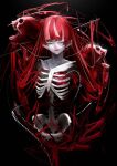  1girl bangs black_background colored_skin doryudory green_eyes grey_hair grey_skin heart_(organ) highres hololive hololive_indonesia kureiji_ollie long_hair looking_at_viewer open_mouth parted_lips patchwork_skin red_eyes red_hair skeleton skull solo stitched_face very_long_hair virtual_youtuber yellow_eyes 