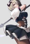  1girl bangs benghuai_xueyuan black_legwear breasts eyebrow_piercing eyebrows_visible_through_hair grey_background grey_hair hair_over_one_eye highres holding holding_polearm holding_weapon honkai_(series) honkai_impact_3rd incoming_attack looking_at_viewer maid maid_headdress pantyhose piercing polearm red_eyes reibun_(raven1119) rita_rossweisse short_hair simple_background skirt solo spear thighhighs weapon 