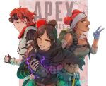  3girls apex_legends belt black_bodysuit black_pants blue_gloves bodysuit breasts brown_belt brown_tank_top clenched_teeth copyright_name dark-skinned_female dark_skin double_bun gloves goggles goggles_on_head hair_behind_ear hair_bun headband highres holding_own_arm horizon_(apex_legends) lifeline_(apex_legends) looking_ahead looking_at_viewer mask mask_around_neck medium_breasts mizuki_shion_(artist) multiple_girls orange_hair pants red_hair short_hair smile spacesuit tank_top teeth v v-shaped_eyebrows white_headband wraith_(apex_legends) 