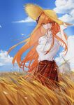  1girl arknights bagpipe_(arknights) casual hat highres horns long_hair orange_hair plaid plaid_skirt purple_eyes shirt skirt straw_hat wheat wheat_field white_shirt wind windmill 