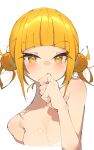  1girl bangs blonde_hair boku_no_hero_academia breasts collarbone completely_nude double_bun eyebrows_visible_through_hair highres looking_at_viewer medium_breasts nude rasusurasu short_hair simple_background solo toga_himiko white_background yellow_eyes 