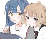  2girls :o absurdres ahoge bangs blue_eyes blue_hair blunt_bangs blunt_ends blush braid close-up crown_braid d: dark_blue_hair ears_visible_through_hair eyebrows_visible_through_hair eyes_visible_through_hair face french_braid from_side furrowed_brow game_console half-closed_eyes hand_up handheld_game_console head_on_another&#039;s_shoulder highres holding holding_handheld_game_console idolmaster idolmaster_million_live! joy-con light_brown_hair looking_down meeeeeeco359 multiple_girls nanao_yuriko nintendo_switch open_mouth parted_bangs playing_games pointing sailor_collar short_hair side-by-side simple_background suou_momoko sweat swept_bangs upper_body white_background white_sailor_collar wing_collar yellow_eyes 
