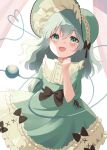  1girl :d alternate_costume bangs blush bonnet bow dress frills green_eyes green_hair green_skirt hair_between_eyes hat heart heart_of_string highres kamachi_(kamati0maru) komeiji_koishi lolita_fashion long_sleeves open_mouth ribbon shirt skirt smile solo third_eye touhou 