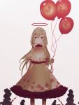  1girl :| absurdres balloon bangs blonde_hair closed_mouth cowboy_shot ebisu_eika expressionless frilled_shirt frilled_skirt frills grey_background hair_between_eyes halo highres holding holding_balloon layered_skirt long_earlobes long_skirt looking_at_viewer low_twintails naufaldreamer red_eyes red_halo shirt simple_background skirt skirt_set solo standing straight-on touhou twintails yellow_shirt yellow_skirt 