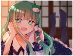  +_+ 1girl bangs black_legwear blue_skirt blunt_bangs blurry blurry_background blush breasts cleavage collarbone commentary_request detached_sleeves eyebrows_visible_through_hair frilled_skirt frills frog_hair_ornament green_hair hair_ornament hair_tubes hand_on_own_face indoors kochiya_sanae long_hair looking_at_viewer medium_breasts open_mouth shirt skirt sleeveless sleeveless_shirt sliding_doors snake_hair_ornament solo symbol-shaped_pupils touhou white_shirt zeroko-san_(nuclear_f) 