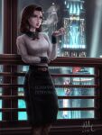  1girl against_window aqua_eyes backlighting belt belt_buckle bioshock_(series) bioshock_infinite black_skirt blurry blurry_background breasts brooch brown_hair buckle building buttons cigarette city city_lights cityscape collared_shirt commentary commentary_request commission dated deviantart_username elizabeth_(bioshock_infinite) english_commentary fishnet_legwear fishnets highres holding holding_cigarette indoors italian_commentary jewelry lips long_skirt long_sleeves makeup medium_breasts mixed-language_commentary nose nostrils pantyhose parted_lips patreon_username pencil_skirt photoshop_(medium) railing realistic red_lips reward_available sciamano240 shirt shirt_tucked_in signature skirt skyscraper smoke smoking solo spotlight standing water watermark web_address white_shirt window 