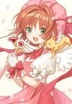  1girl antenna_hair brown_hair cardcaptor_sakura dress fuuin_no_tsue gloves green_eyes kero kinomoto_sakura mitsuyo_(mituyo324) petals puffy_sleeves red_dress red_headwear short_hair short_sleeves smile upper_body white_background white_gloves wings 