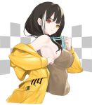  1girl bangs black_hair breasts brown_sweater closed_mouth girls&#039;_frontline heterochromia ingerdoll jacket large_breasts long_sleeves looking_at_viewer medium_hair mod3_(girls&#039;_frontline) multicolored_hair open_clothes open_jacket orange_eyes ro635_(girls&#039;_frontline) sideboob sleeveless sleeveless_sweater solo streaked_hair sweater two-tone_hair upper_body white_hair yellow_eyes yellow_jacket 