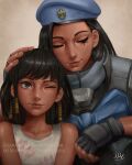  2girls alternate_hairstyle ana_(overwatch) armor artist_name bangs bare_shoulders beret black_gloves black_hair blue_coat blue_headwear braid brown_background brown_eyes captain_amari child closed_eyes coat collarbone commentary dark-skinned_female dark_skin dated deviantart_username english_commentary eye_of_horus eyebrows eyelashes facial_mark facial_tattoo fingerless_gloves fingernails gloves hair_ornament hair_tubes hand_on_another&#039;s_head hat headpat high_collar highres italian_commentary jacket lips long_sleeves medium_hair military military_uniform mixed-language_commentary mother_and_daughter multiple_girls nose official_alternate_costume overwatch patreon_username pharah_(overwatch) realistic reward_available sciamano240 side_braids signature sleeveless smile swept_bangs tattoo uniform upper_body watermark web_address younger 