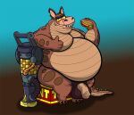  2021 3_toes 4_fingers activision anthro balls belly big_belly burger canid canine canis claws crash_bandicoot_(series) crocodile crocodilian crocodylid dingo dingodile explosives fangs feet fingers flaccid food foreskin genitals gesture gun holding_burger holding_food holding_object hybrid looking_at_viewer male mammal moobs notched_ear nude obese obese_anthro obese_male overweight overweight_anthro overweight_male penis ranged_weapon reptile saggy_balls scalie sewergator sitting smile solo thick_thighs thumbs_up tnt tnt_crate toe_claws toes video_games weapon yellow_eyes 