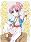  1girl blue_eyes breasts dragon_quest dragon_quest_iii flower looking_at_viewer merchant_(dq3) ok_sign ouba_reiya pink_hair ponytail short_hair smile solo toeless_footwear wristband 