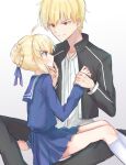  1boy 1girl ahoge artoria_pendragon_(fate) black_jacket black_pants blonde_hair blue_ribbon blue_serafuku blue_shirt blue_skirt blush braid braided_bun capsule_servant collarbone collared_shirt dress_shirt eye_contact fate_(series) gilgamesh_(fate) green_eyes grin hair_ribbon highres jacket kneehighs long_sleeves looking_at_another master_artoria miniskirt nayu_tundora open_clothes open_jacket pants pleated_skirt red_eyes ribbon sailor_collar sailor_shirt school_uniform serafuku shirt short_hair simple_background sitting skirt smile tied_hair white_background white_legwear white_shirt 