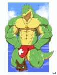  2022 abs anatake anthro anubian_jackal barazoku biceps big_bulge big_muscles blush border brother brothers bulge canid canine canis clothing cloud crocodile crocodilian crocodylid day duo fur hands_on_hips hi_res huge_bulge huge_muscles jackal league_of_legends lifeguard looking_at_bulge male mammal muscular muscular_anthro muscular_male nasus_(lol) navel nipples non-mammal_nipples obliques outside partially_submerged pecs quads question_mark renekton reptile riot_games scales scalie sibling sky speedo standing swimwear tuft vein video_games water whistle white_border 