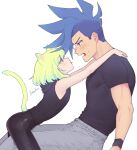  2boys androgynous animal_ears black_shirt blue_eyes blue_hair blush cat_boy cat_ears cat_tail eyebrows_visible_through_hair galo_thymos green_hair grey_legwear highres hood hood_down kome_1022 lio_fotia looking_at_another male_focus mohawk multiple_boys on_lap open_mouth pants profile promare purple_eyes shirt short_hair sidecut simple_background size_difference sweatdrop sweatpants tail tongue tongue_out white_background yaoi 