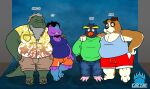  2022 absurd_res anthro avian belly big_belly bird bottomwear canid canine canis clothing crocodile crocodilian crocodylid domestic_dog eyes_closed green_body grolarbearsins group hi_res male male/male mammal overweight overweight_male penguin purple_body reptile scalie shirt shorts topwear 