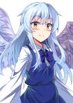  1girl angel bangs blue_bow blue_bowtie blue_dress blue_wings blush bow bowtie closed_mouth collared_shirt commentary_request dress e.o. eyebrows_visible_through_hair feathered_wings happy highres light_blue_hair long_hair long_sleeves looking_at_viewer multiple_wings orange_eyes pinafore_dress sariel_(touhou) seraph shirt sidelocks simple_background smile touhou touhou_(pc-98) upper_body very_long_hair white_background wings 