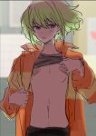  1boy absurdres androgynous bandaid bandaids_on_nipples black_shirt clothes_lift eyebrows_visible_through_hair firefighter_jacket green_hair highres jacket lio_fotia looking_at_viewer male_focus multicolored_clothes multicolored_jacket navel otoko_no_ko pasties promare purple_eyes rice_(rice8p) shirt shirt_lift short_hair sidelocks sketch two-tone_jacket 