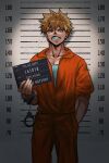  1boy bakugou_katsuki blonde_hair boku_no_hero_academia character_name clenched_teeth cuffs english_commentary english_text hand_in_pocket handcuffs height_chart height_mark highres holding holding_sign jumpsuit looking_at_viewer male_focus mugshot orange_jumpsuit prison_clothes red_eyes scowl sign solo spiked_hair teanmoi teeth 