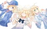  3girls :d ;) ahoge artoria_pendragon_(fate) bangs baseball_cap black_bow blonde_hair blue_eyes blue_headwear blue_jacket bow closed_eyes dress eyebrows_visible_through_hair fate/grand_order fate/stay_night fate/unlimited_codes fate_(series) green_eyes hair_between_eyes hair_down hat highres holding_hands hood hood_down hooded_jacket interlocked_fingers jacket long_hair long_sleeves lying multiple_girls mysterious_heroine_x_(fate) nayu_tundora off-shoulder_dress off_shoulder on_back one_eye_closed open_clothes open_jacket saber saber_lily smile straight_hair upper_body white_background white_dress 