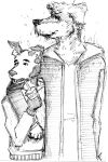  absurd_res anthro arm_around_shoulders beverage canid canine canis clothed clothing container cup domestic_dog duo floppy_ears franki fur glare hi_res hunting_dog jack_russell_terrier male male/male mammal monochrome open_mouth romantic romantic_couple sketch spots spotted_body spotted_fur teeth teeth_showing terrier 