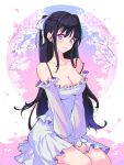  1girl absurdres arms_between_legs bangs breasts cherry_blossoms cleavage collarbone dark_blue_hair detached_sleeves dress eyebrows_visible_through_hair frills hair_ribbon highres large_breasts long_hair looking_at_viewer minj_kim open_mouth original parted_lips petals puffy_sleeves purple_eyes ribbon see-through see-through_sleeves seiza sidelocks sitting solo 