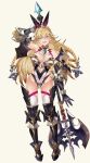  1girl animal_ears aqua_eyes arm_at_side arm_behind_head armor armored_boots ass_visible_through_thighs axe bangs battle_axe beige_background blonde_hair boots braid breasts cleavage_cutout clothing_cutout halterneck highleg highleg_leotard highres holding holding_axe holding_weapon large_breasts leotard long_hair official_art open_mouth rabbit_ears rise_of_girls simple_background solo standing thigh_boots thighhighs tokopi weapon 