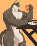  2022 anatake anthro bacon balls barazoku beverage biceps big_balls big_muscles big_penis blush canid canine canis cellphone coffee coffee_mug container cup dialogue dreamworks egg english_text eyebrows flaccid food foreskin fur furniture genitals hi_res holding_cup holding_object holding_phone huge_balls huge_muscles huge_penis humanoid_genitalia humanoid_penis male mammal meat mr._wolf_(the_bad_guys) muscular muscular_anthro muscular_male nude orange_background pecs penis phone plate quads sausage simple_background smartphone solo standing table text the_bad_guys tuft vein veiny_penis wolf 