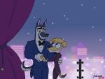  &lt;3 2017 absurd_res anthro artist_name balcony biceps black_tie_(suit) blue_eyes brown_body brown_eyes brown_fur canid canine canis clothing detailed_background digital_media_(artwork) domestic_dog doritohead duo fingers fur german_shepherd hand_holding herding_dog hi_res kaine_lewis larger_male male male/male mammal mixed_breed multicolored_body multicolored_fur muscular muscular_anthro muscular_male pastoral_dog romantic romantic_couple short_tail signature size_difference smaller_male smile standing suit tan_body tan_fur teeth two_tone_body two_tone_fur wally_pembroke yellow_body yellow_fur 