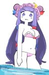  1girl bikini blue_bow blue_ribbon bow breasts commentary crescent crescent_hat_ornament eyebrows_visible_through_hair frilled_bikini frills hair_bow hat hat_ornament hat_ribbon long_hair looking_at_viewer medium_breasts mob_cap navel organsoup partially_submerged patchouli_knowledge purple_eyes purple_hair red_bow red_ribbon ribbon simple_background solo swimsuit thighs touhou very_long_hair water white_background 