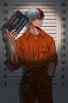  1boy blue_eyes boku_no_hero_academia burn_scar character_name cuffs english_commentary english_text grey_eyes hand_in_pocket handcuffs height_chart height_mark heterochromia highres holding holding_sign jumpsuit looking_at_viewer male_focus mugshot multicolored_hair orange_jumpsuit prison_clothes red_hair scar scar_on_face sign solo split-color_hair teanmoi todoroki_shouto two-tone_hair white_hair 