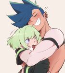  2boys androgynous aus_vaka beige_background black_gloves blue_hair closed_eyes eyebrows_visible_through_hair galo_thymos gloves green_hair grin highres hug lio_fotia male_focus mohawk multiple_boys one_eye_closed open_mouth promare purple_eyes short_hair sidecut sidelocks simple_background smile sweatdrop topless_male yaoi 