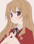  1girl aisaka_taiga black_ribbon blazer blush brown_eyes brown_hair collared_shirt jacket long_hair looking_at_viewer neck_ribbon oohashi_high_school_uniform own_hands_together parted_lips red_jacket ribbon school_uniform shirt simple_background solo steepled_fingers tenoo12 toradora! upper 