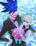 2boys androgynous black_bow black_bowtie black_vest blue_eyes blue_hair blurry blurry_background bouquet bow bowtie collared_shirt flower formal galo_thymos green_hair highres holding holding_bouquet lio_fotia looking_at_viewer male_focus mohawk multiple_boys open_mouth pink_flower pink_rose promare purple_eyes rice_(rice8p) rose shirt short_hair sidecut sidelocks smile suit suit_jacket vest white_shirt yaoi 