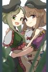  2girls :d apron back_bow bangs black_bow black_headwear blunt_bangs blush bow brown_hair dress eyebrows_visible_through_hair frilled_sleeves frills from_side green_dress green_eyes green_hair hat highres hug large_bow looking_at_viewer looking_to_the_side multiple_girls nishida_satono open_mouth pillarboxed protected_link puffy_short_sleeves puffy_sleeves purple_dress purple_eyes ribbon short_hair short_hair_with_long_locks short_sleeves simple_background smile tate_eboshi teireida_mai touhou uisu_(noguchipint) waist_apron white_background 