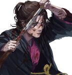  1girl absurdres blood blood_on_face blood_on_weapon brown_eyes brown_hair closed_mouth emma_the_gentle_blade fighting_stance haori highres holding holding_sword holding_weapon japanese_clothes katana kimono looking_at_viewer pink_kimono ready_to_draw sanpaku scabbard sekiro:_shadows_die_twice sheath simple_background solo ssanghwa_tang1 sword weapon white_background 