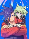  2boys androgynous animal_ears blue_background blue_eyes blue_hair cat_boy cat_ears clenched_teeth crossed_arms eyebrows_visible_through_hair firefighter_jacket galo_thymos green_hair highres hug hug_from_behind jacket lio_fotia looking_at_viewer male_focus mohawk multiple_boys promare purple_eyes red_jacket rice_(rice8p) short_hair sidecut sidelocks teeth 