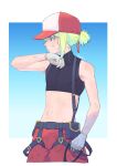  1boy androgynous blue_background border dirty gloves gradient gradient_background green_hair highres kome_1022 lio_fotia male_focus midriff navel outside_border pants ponytail profile promare purple_eyes red_headwear red_pants short_hair sidelocks solo sweat two-tone_headwear white_border white_gloves 