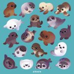  animal animal_focus aqua_background artist_name black_eyes closed_mouth commentary english_commentary lying no_humans on_back on_side on_stomach open_mouth original photoshop_(medium) pikaole sea_lion seal_(animal) simple_background smile walrus watermark whiskers 