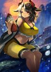  1girl absurdres animal_ears animal_print black_hair breasts cow_ears cow_girl cow_horns cow_print crop_top grey_hair haori highres horns japanese_clothes large_breasts multicolored_hair plump red_horns red_tail shorts solo split-color_hair tank_top teo_(telo_ruka) touhou two-tone_hair underwater ushizaki_urumi yellow_shorts yellow_tank_top 