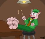  2017 absurd_res anthro artist_name barefoot black_tie_(suit) bow_tie bowler_hat cane clothing detailed_background digital_media_(artwork) domestic_pig doritohead dot_eyes feet fingers foot_focus furniture hat headgear headwear hi_res inside legs_up male mammal pink_body pink_skin signature simple_eyes sitting smile solo stool suid suina suit sus_(pig) toby_p_wiggles toes tongue 