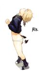  1girl arched_back ass black_legwear blonde_hair closed_eyes disembodied_limb dog_tail erica_hartmann from_side full_body highres looking_up military military_uniform multicolored_hair no_pants panties shadow shoes short_hair short_socks simple_background solo standing strike_witches tail two-tone_hair underwear uniform white_background white_panties world_witches_series zhongye_yu 