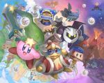  anniversary armor bandana_waddle_dee blue_eyes blue_hair cape commentary_request everyone fire galaxia_(sword) gloves hat holding king_dedede kirby kirby&#039;s_dream_land kirby&#039;s_return_to_dream_land kirby_(series) looking_at_viewer magolor mask meta_knight molten_rock momoko_(nihontou) no_humans open_mouth smile sword volcano weapon wings yellow_eyes 