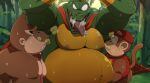  2022 anthro ape armpit_fetish armpit_sniffing belly big_belly bodily_fluids brown_body cape clothing detailed_background diddy_kong donkey_kong_(character) donkey_kong_(series) eto1212 green_body group haplorhine hi_res kemono king_k._rool kremling male male/male mammal monkey moobs musk nintendo nipples outside overweight overweight_male primate scalie shirt sniffing sweat tongue tongue_out topwear video_games 
