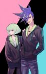  2boys androgynous black_hoodie blue_eyes blue_hair eyebrows_visible_through_hair eyes_visible_through_hair galo_thymos green_hair hand_on_another&#039;s_shoulder hands_in_pockets highres hood hoodie lio_fotia looking_at_viewer male_focus mohawk multiple_boys open_mouth promare purple_eyes rice_(rice8p) short_hair sidecut sidelocks smile zipper 