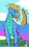  block_story blonde_hair blue_body blue_scales calanguinhodraw claws dragon elemental_creature elemental_dragon feral guilber(calanguinhodraw) hair hi_res ice_dragon male reptile scales scalie simple_background solo video_games wings 