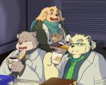  2022 anthro beverage blue_eyes blush canid canine canis clothing coffee conqueror_beelz cu_sith_(tas) domestic_dog eyes_closed eyewear glasses group hi_res humanoid_hands inside jambavan kemono leib_(tas) lifewonders male mammal mug necktie overweight overweight_male polar_bear scarf shirt sitting tokyo_afterschool_summoners topwear ursid ursine video_games 