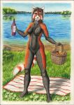  ailurid anthro basket bedding blanket bottle breasts container female flower food fruit genitals grass hair hi_res holding_object lake looking_at_viewer mammal nipples nude outside plant pussy red_panda solo standing syntech 