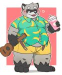  &lt;3 2022 absurd_res anthro belly big_belly black_body black_nose blush bottomwear clothing cute_fangs grey_body hi_res humanoid_hands jamiephut kemono male mammal musical_instrument overweight overweight_male procyonid raccoon shirt shorts simple_background solo topwear 