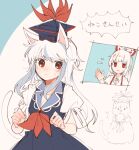  2girls :&lt; :3 animal animal_ears animalization bangs beige_background blue_dress blue_headwear blunt_bangs bow cat cat_ears cat_girl cat_tail clenched_hands closed_mouth collared_shirt d: dot_nose dress flying_sweatdrops fujiwara_no_mokou furrowed_brow hair_bow hand_up hands_up hat itomugi-kun jitome kamishirasawa_keine kemonomimi_mode light_blue_hair long_hair looking_at_viewer multicolored_hair multiple_girls neckerchief parted_lips paw_pose puffy_short_sleeves puffy_sleeves red_hair red_neckerchief shirt short_sleeves solid_circle_eyes streaked_hair suspenders sweat tail tokin_hat touhou upper_body whiskers white_bow white_hair white_shirt wing_collar 